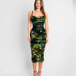 TA3 Toucan Sweetie Mesh Draped Corset Floral Print Black Dress XS R/L